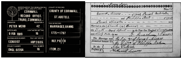 Marriage registration of Bernard Miners and Philippa Bell, St Austell, 1791